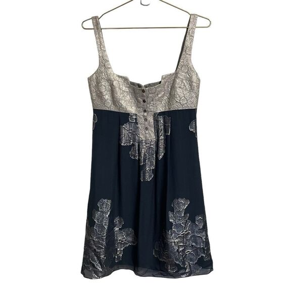 Nicole Miller Collection Silk Dark Dusty Blue with Silver Brocade Dress Size 4 - Picture 1 of 7